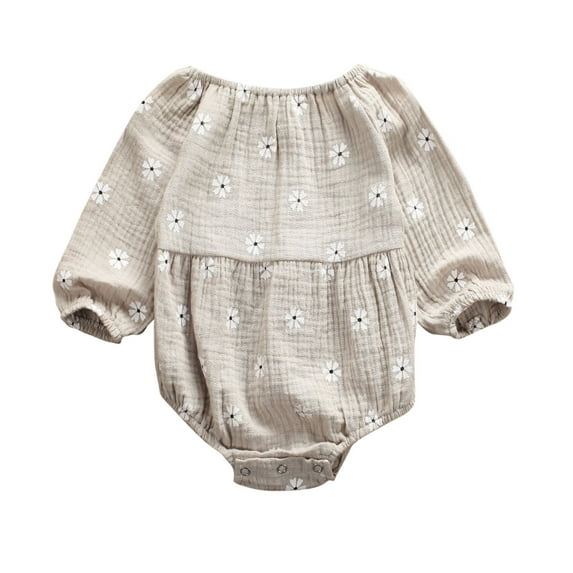 Douhoow Infant Girls Bodysuit Baby Cotton Linen Long Sleeve Off Shoulder Floral Jumpsuit 0-24M