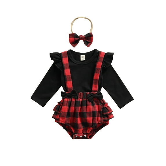 Douhoow Infant Girls Long Sleeve Romper Plaid Print Suspenders Shorts Baby Spring Clothing