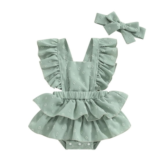 Douhoow Infant Girls Ruffles Romper Dress 3 6 12 18 Months Baby Fly Sleeve Square Neck Polka Dots Layered Jumpsuits with Hairband