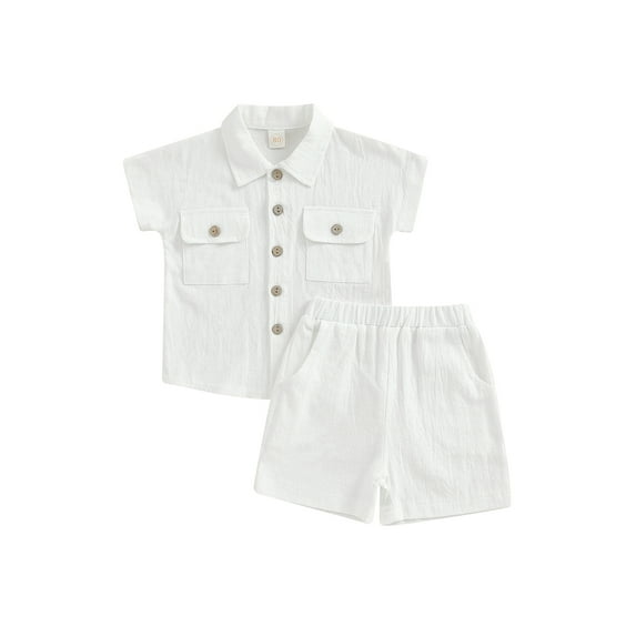 Douhoow Kid Baby Boy Summer Clothes 6 12 18 24 Months 2T 3T 4T Toddler Solid Color Short Sleeve Button Down T-Shirt Shorts 2Pcs Set