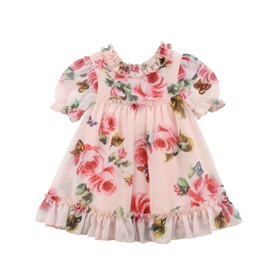 Douhoow Kids Girl Summer Dress Floral Ruffle Round Neck Short Sleeve Dress,0-5Y