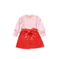 thumbnail image 1 of Douhoow Kids Girls 2 Piece Autumn Clothes Set, Solid Color Pullover PU Leather Mini Skirt, 1 of 8