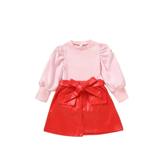 Douhoow Kids Girls 2 Piece Autumn Clothes Set, Solid Color Pullover PU Leather Mini Skirt