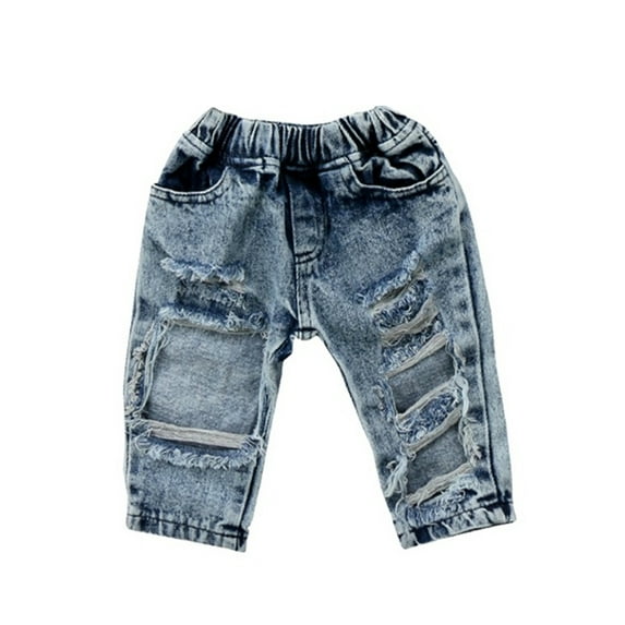 Douhoow Little Girl Ripped Jeans Hollow Design Trousers Elastic Band Denim Pants