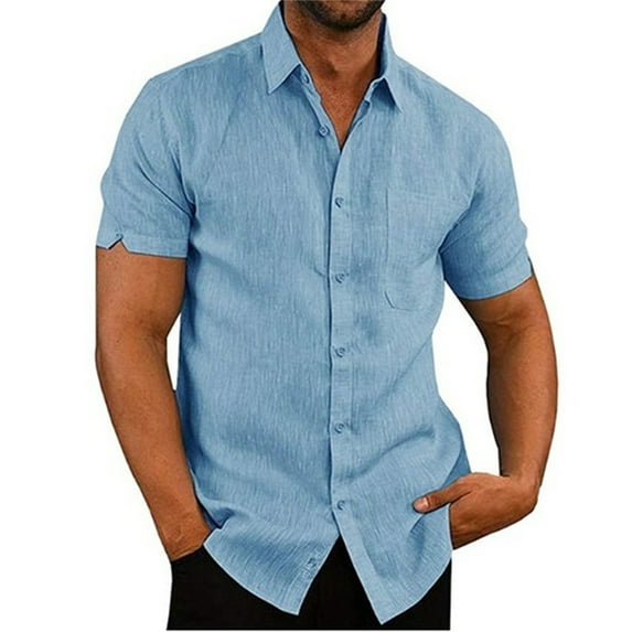 Douhoow Men Short Sleeve Turndown Collar Solid Shirts Summer Casual Loose Soft Plain Tops M-3XL