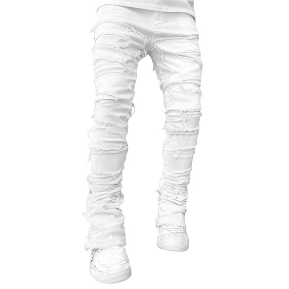Douhoow Men Stacked Jeans Ripped Skinny Denim Pants Streetwear Patch Distressed Destroyed Trousers with Pockets