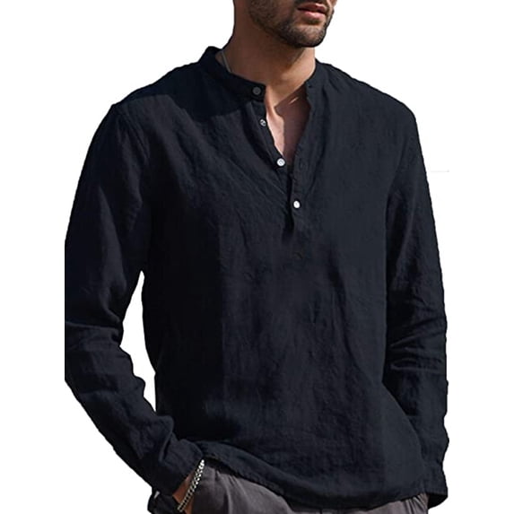 Douhoow Mens Shirt Summer Solid Color Stand Collar Long Sleeve Shirt Blouse S-XXL