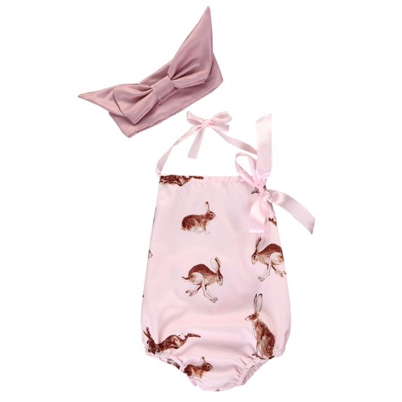 Douhoow Newborn Baby Girl Bodysuit Pink Rabbit Romper Girls Hanging Neck Jumpsuit with Headband
