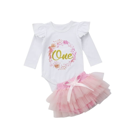 Douhoow Newborn Baby Girl Ruffle Sleeve Romper Pink TuTu Skirt,2PCS Outfit Set,0-24 M