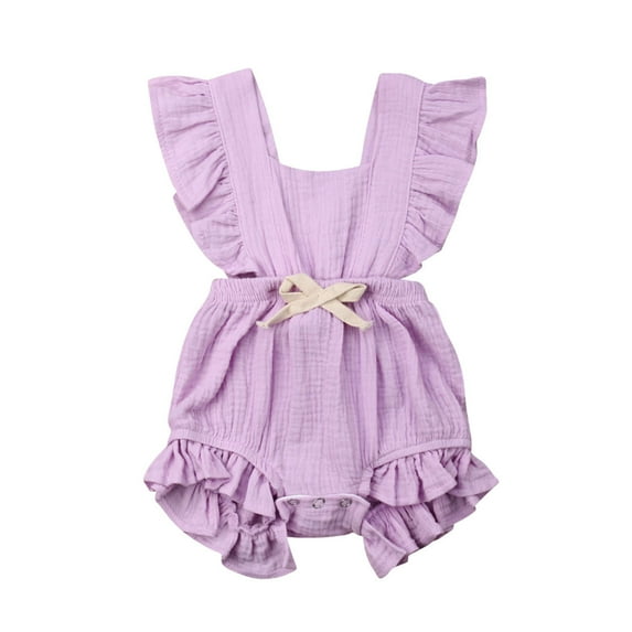 Douhoow Newborn Baby Girl Sleeveless Romper Ruffle Solid Color Square Beck Bow Jumpsuit 0-24 Months