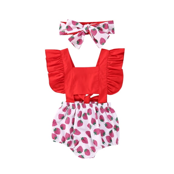 Douhoow Newborn Girls Jumpsuit Baby Ruffle Romper Backless Cherry Print Bodysuit with Headband