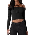 thumbnail image 1 of Douhoow Off Shoulder Tops for Women Solid Color Tie Up Long Sleeve T-Shirts Slim Fit Cropped Tee, 1 of 7