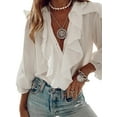 thumbnail image 1 of Douhoow Plus Size Women Shirt Button-down Ruffle Blouse V-neck Long Sleeve Shirt Loose Top S-3XL, 1 of 6