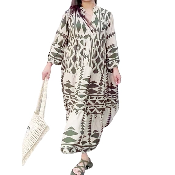 Douhoow Pluse Size Women Bohemian Long Dress Long Sleeve Button Down Geometric Print Shirt Dress Loose Swing Dresses S-4XL