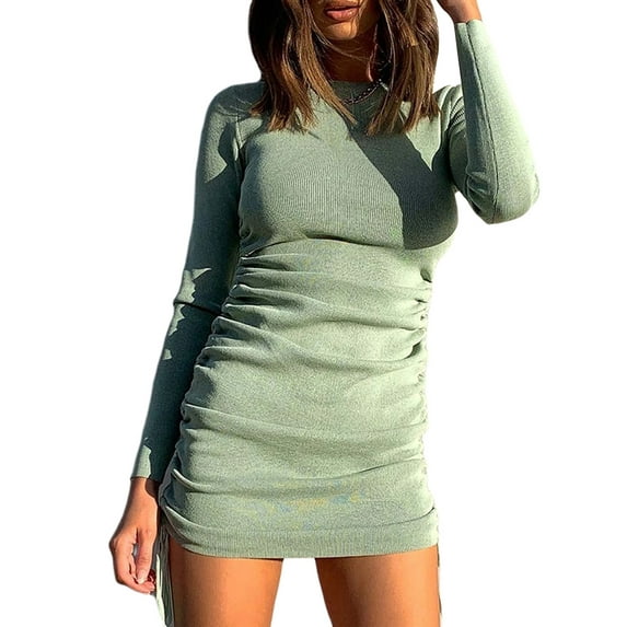 Douhoow Ribbed Mini Dresses for Women Long Sleeve O Neck Drawstring Bodycon Dress