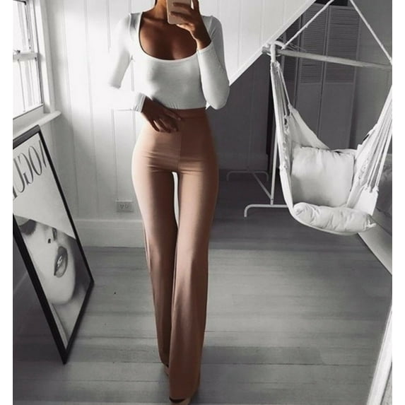Douhoow Solid Elegant Womens Palazzo Flared Wide Leg Pants High Waist OL Ladies Long Trousers