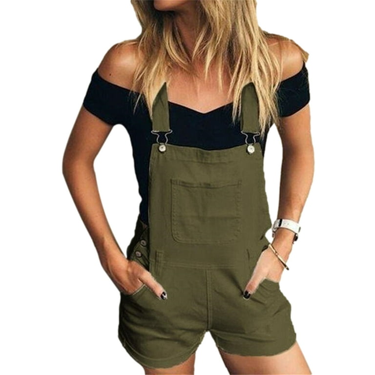 Douhoow Summer Casual Women Front Pocket Overalls Solid Color Camouflage Suspender Shorts