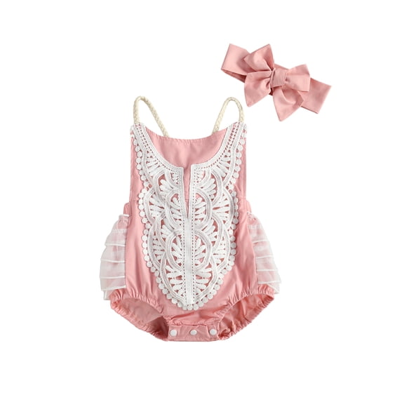 Douhoow Summer Infant Baby Girls Lace Romper Floral Printed Sleeveless Backless Ruffles Jumpsuit