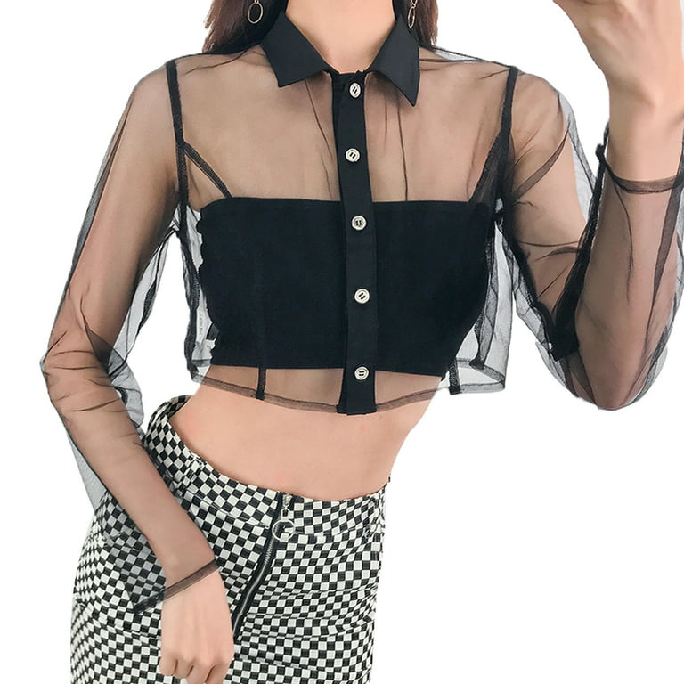 Douhoow Summer Women Mesh Sheer Crop Top Black Long Sleeve Transparent  Cover-Ups Shirt 