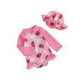 thumbnail image 1 of Douhoow Toddler Baby Girl One Piece Swimsuit Strawberry Swimwear Floral Print Zipper Long Sleeve Ruffle Bathing Suit with Hat, 1 of 1