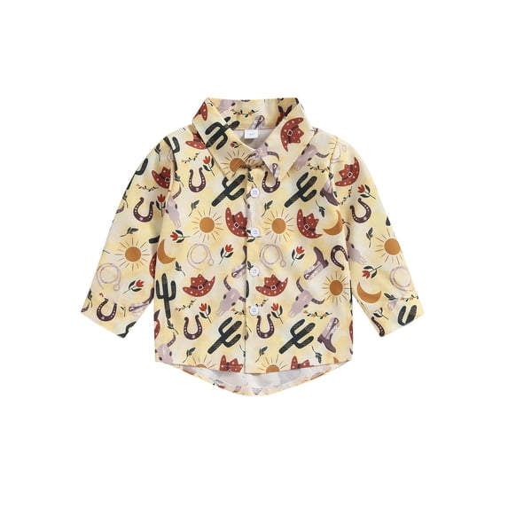 Douhoow Toddler Boy Shirts Long Sleeve Lapel Button Down Cow Print T-Shirt Western Tops