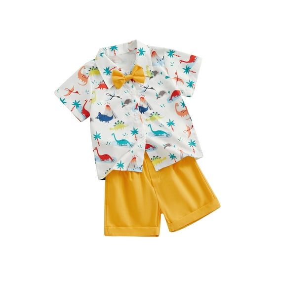 Douhoow Toddler Boys Lapel Neck Button Down Dinosaur Print Bowtie Shirt + Elastic Waist Shorts 2 Piece Baby Summer Outfits