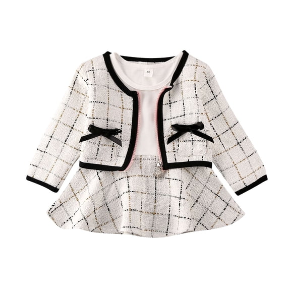 Douhoow Toddler Girl 2PCS Autumn Clothes Set Long Sleeve Patchwork Short Dress+Plaid Coat
