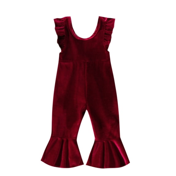 Douhoow Toddler Girl Autumn Jumpsuit Kids Ruffle Sleeve Velvet Suspender Flared Pants