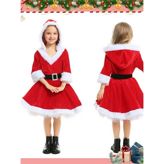 Douhoow Toddler Girl Christmas Hooded Dress Long Sleeve Plush Patchwork A-Line Dress