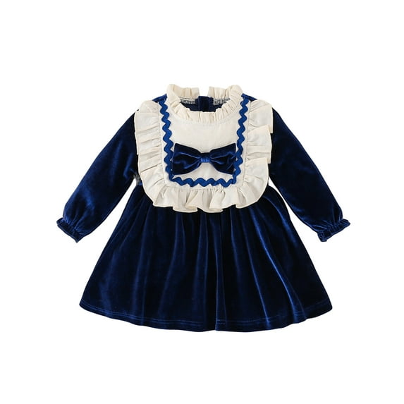 Douhoow Toddler Girl Christmas Velvet Dress, Patchwork Ruffled Neck Long Sleeve Bowknot Front A-Line Dress