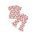 thumbnail image 1 of Douhoow Toddler Girl Summer Ribbed Floral Outfits Baby Ruffle Short Sleeve Strawberry T-Shirt Tee Elastic Waist Flare Pants Set, 1 of 9