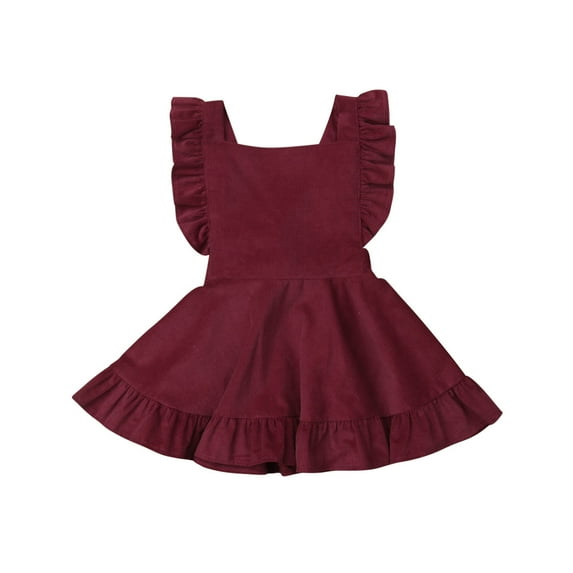 Douhoow Toddler Girl Suspender Skirt Solid Color Velvet Corduroy Ruffle Sleeve Straps Dress