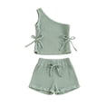thumbnail image 1 of Douhoow Toddler Girls Summer Outfits Solid Color Oblique Shoulder Drawstring Ribbed Tank Tops Shorts Kid 2Pcs Set, 1 of 9