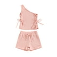 thumbnail image 1 of Douhoow Toddler Girls Summer Outfits Solid Color Oblique Shoulder Drawstring Ribbed Tank Tops Shorts Kid 2Pcs Set, 1 of 9