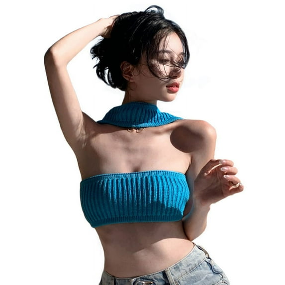 Douhoow Tube Top for Women Summer Girls Solid Color Knitting Strapless Bustier Crop Top