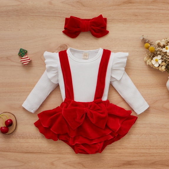 Douhoow Valentine's Day Baby Girl Clothes Set Infant Ribbed Ruffles Romper Red Suspender Shorts