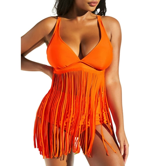 Douhoow Women 2 Piece Swimsuit Bikini Set Deep V Neck Tassel Tank Tops High Waist Briefs Beachwear