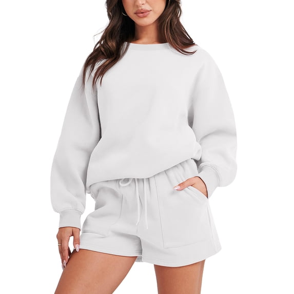Douhoow Women 2 Piece Tracksuits Long Sleeve Crewneck Sweatshirt High Waist Shorts Loungewear Set