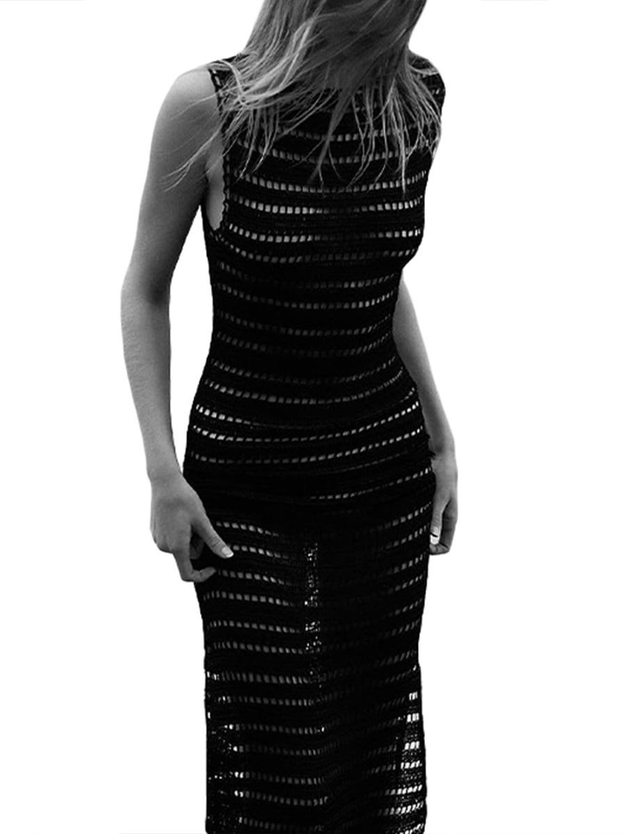 Douhoow Women Backless Crochet Cover Up See Through Tank Long Dress Sleeveless Knit Bikini Cover