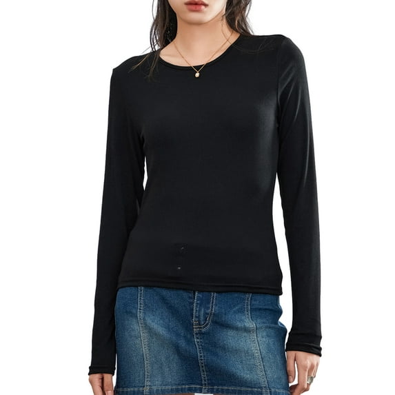 Douhoow Women Basic Long Sleeve Top Slim Baby Tee Solid Color Round Neck Crop Top