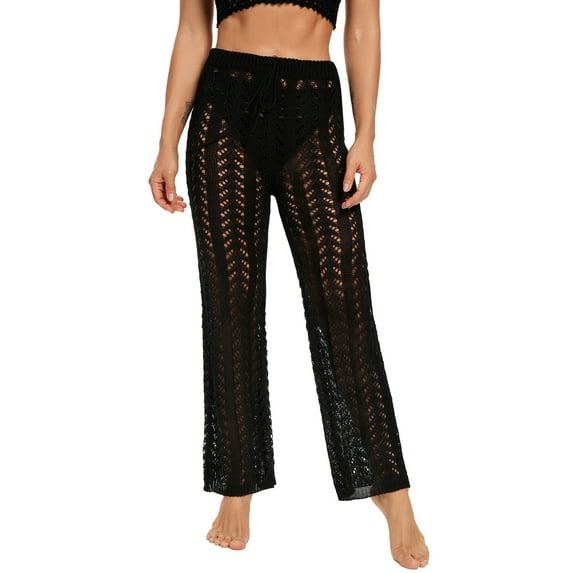 Douhoow Women Beach Cover Up Pants Drawstring Fishnet Hollow Out Knit Wide Leg Pants