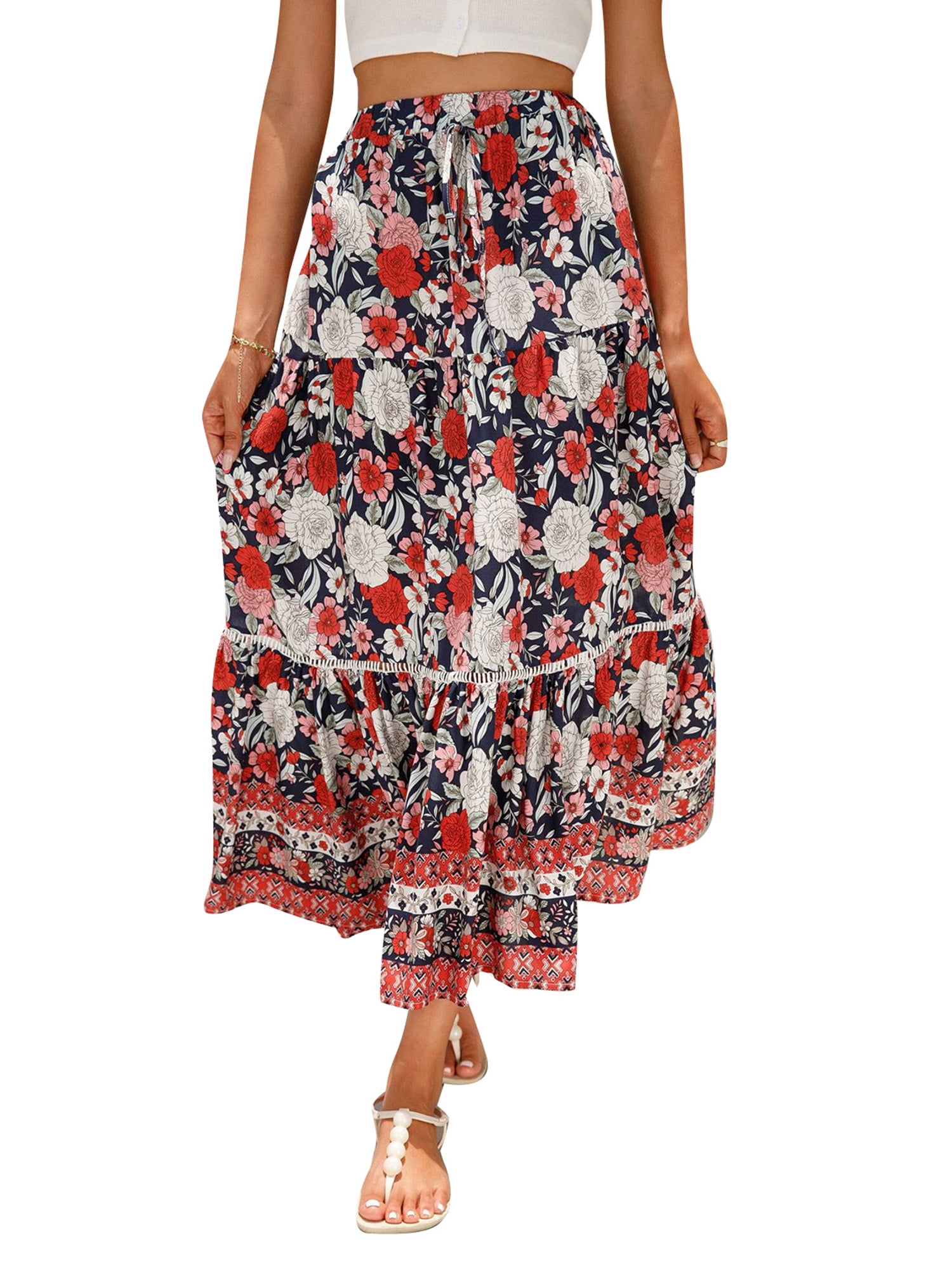 Douhoow Women Bohemian Long Skirts Casual Vintage Floral Boho Half ...