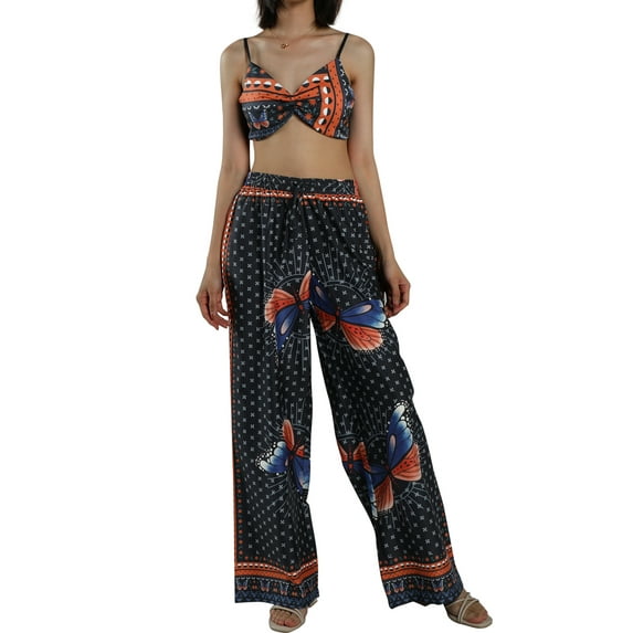 Douhoow Women Casual Two-piece Clothes Set Butterfly Printed Tops + Wide Leg Pants