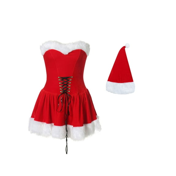 Douhoow Women Christmas Dress Off Shoulder Plush Bandage High Waist Mini Dress with Hat