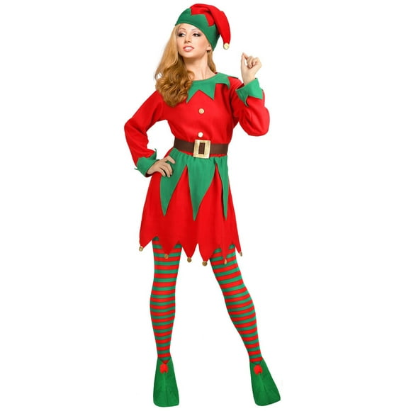 Douhoow Women Christmas Elf Girl Costume, Long Sleeve Dress+Hat+Shoes+Striped Stockings