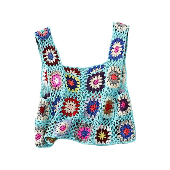 Douhoow Women Crochet Cover up Colorful Floral Knit Vest Tops Boho Camisole Tank Top
