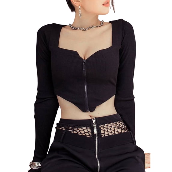 Douhoow Women Crop Top Fashion Long Sleeve Zipper Tops Stylish Solid Slim Ruched T Shirt
