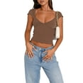 thumbnail image 1 of Douhoow Women Deep V Neck T-Shirts Short Sleeve Tops Solid Color Tee Basic Slim Fit Crop Top, 1 of 4