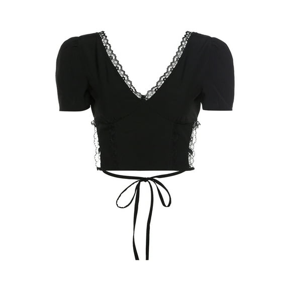Douhoow Women Deep V Neck T-shirt Vintage Crop Top Short Tee Backless Lace up Tshirt