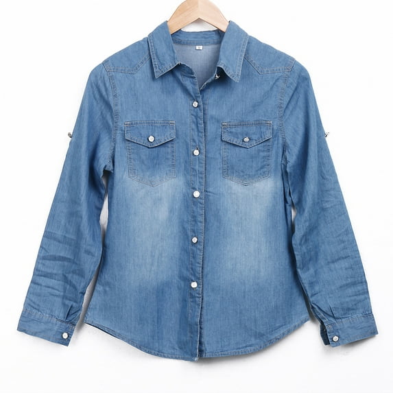 Douhoow Women Fashion Blue Denim Shirts Casual Long Sleeve Pockets Blouse Tops